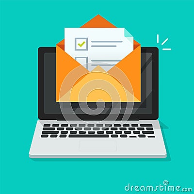 Survey online vote email checklist on computer pc or digital exam task icon on laptop pc form to choose check mark flat cartoon Vector Illustration