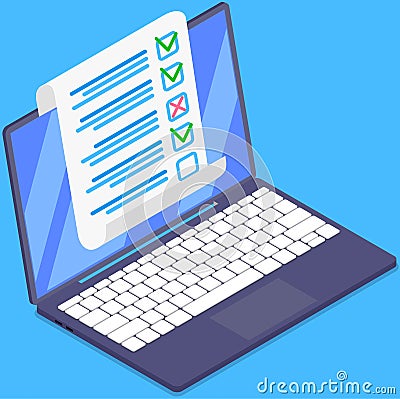 Survey, paper checklist, paperwork with data on computer, calendar. To do list, timetable Vector Illustration