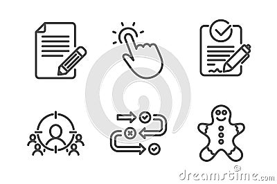 Survey progress, Touchpoint and Article icons set. Business targeting, Rfp and Gingerbread man signs. Vector Vector Illustration