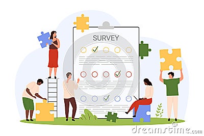 Survey, questionnaire service, tiny people building teamwork to complete report form Vector Illustration