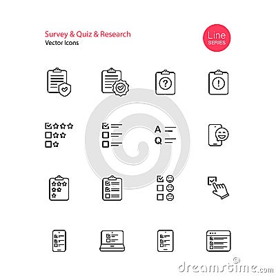 Survey quiz research line icon set. Checklist, quiz, emotional opinion, star review, rating, questionnaire, testimonial, vote. Vector Illustration