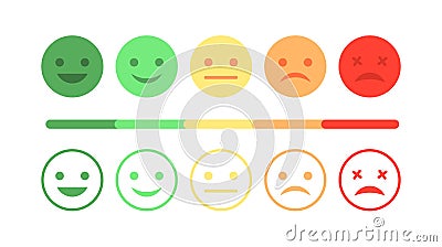 Survey rating satisfaction. Happy mood customer. Sad face feedback scale. Vector flat smiley set. Negative positive vote Vector Illustration