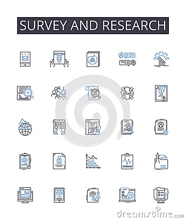 Survey and research line icons collection. Census, Sampling, Investigation, Query, Scrutiny, Inquiry, Analysis vector Vector Illustration