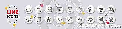 Survey results, Door and Coins line icons. For web app, printing. White buttons 3d icons. Vector Vector Illustration
