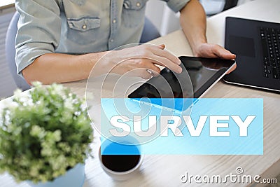 Survey text on virtual screen. Feedback and customers testimonials. Business internet and technology concept. Stock Photo