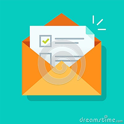 Survey vote email checklist icon vector or mail letter with online task exam form selection flat cartoon illustration, concept of Vector Illustration