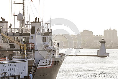 Surveying ship Gerry Bordelon passing Palmer Island Light Station Editorial Stock Photo