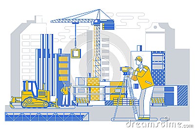 Surveyor builder Engineer with theodolite transit equipment at construction site outdoors during surveying work Vector Illustration