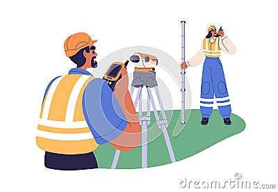 Surveyor engineers work with geodetic equipment. Building workers with theodolite, levelling pole and walkie-talkie Vector Illustration