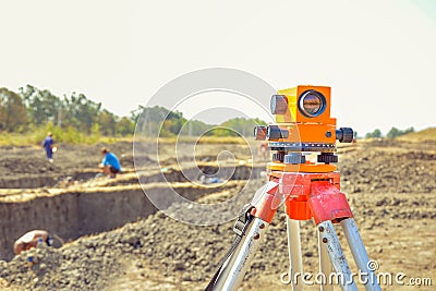 Surveyor equipment GPS system outdoors at the archaeological site. Surveyor engineering with surveying equipement Stock Photo