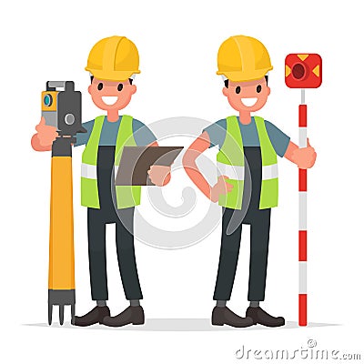 Surveyor and his assistant to work with the equipment Cartoon Illustration