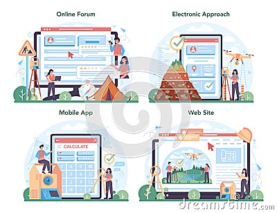 Surveyor online service or platform set. Land surveying, geodesy science Vector Illustration