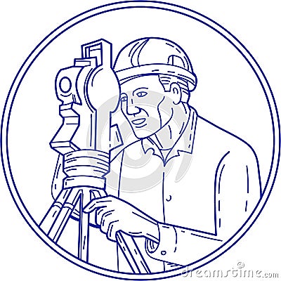 Surveyor Theodolite Circle Mono Line Cartoon Illustration