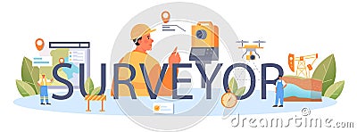 Surveyor typographic header. Land surveying technology, geodesy science. Vector Illustration