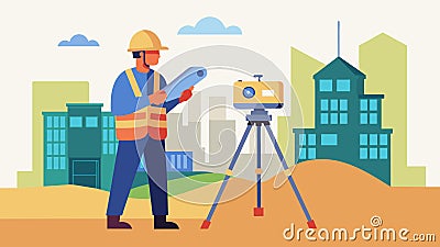 A surveyor using a laser scanner to create 3D models of a construction site for accurate planning and monitoring Vector Illustration