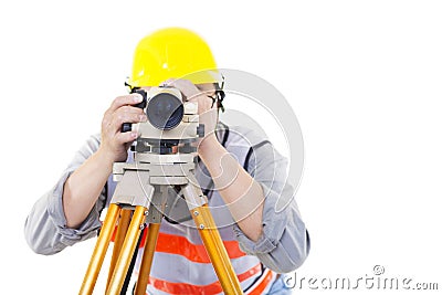 Surveyor worker making measurement and isolated Stock Photo