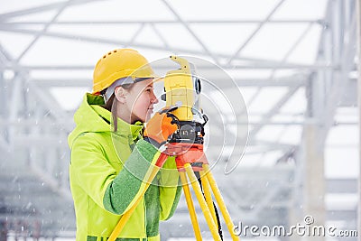 Surveyor works with theodolite Stock Photo