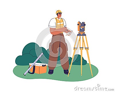 Surveyor works with theodolite for topography measurement. Surveying engineer, measuring equipment. Worker and land Vector Illustration