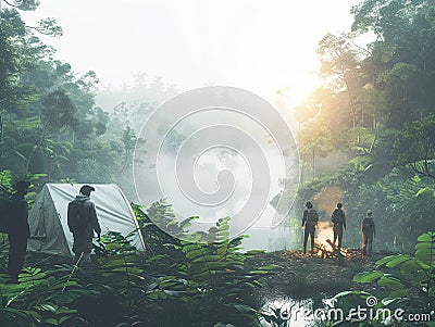 A survival course in a dense forest, instructors teaching navigation skills to a group of eager learners around a campfire Cartoon Illustration
