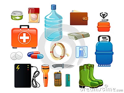 Survival emergency for evacuation set in cartoon style Vector Illustration