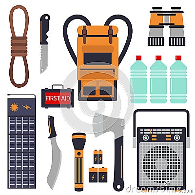 Survival emergency kit for evacuation vector equipment items Vector Illustration