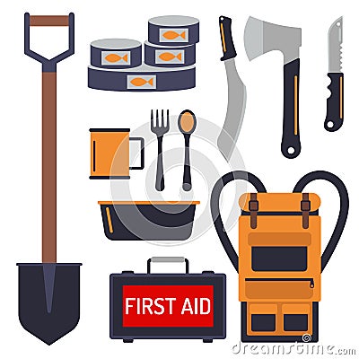 Survival emergency kit for evacuation vector equipment items travel camp Vector Illustration