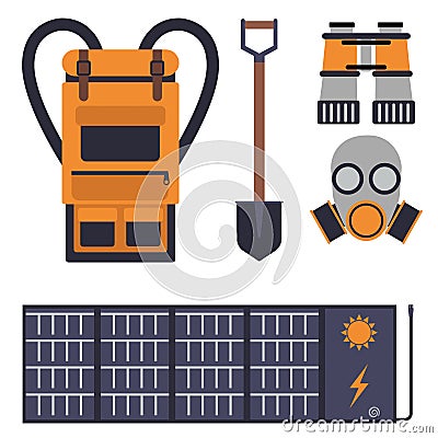 Survival emergency kit for evacuation vector equipment items travel camp tool backpacking exploration tourism hiking Vector Illustration