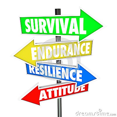 Survival Endurance Resilience Attitude road signs arrows direction Stock Photo