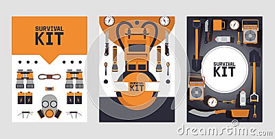Survival kit banners, vector illustration. Basic equipment for emergency evacuation, brochure cover in flat style. Icons Vector Illustration