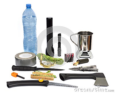 Survival kit with emergency supplies Stock Photo