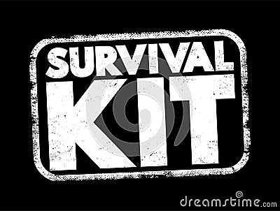 Survival Kit - package of basic tools and supplies prepared as an aid to survival in an emergency, text concept stamp Stock Photo