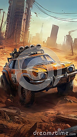 Survive the Wasteland: Outrun Rival Gangs in a Post-Apocalyptic Racing Game. Stock Photo