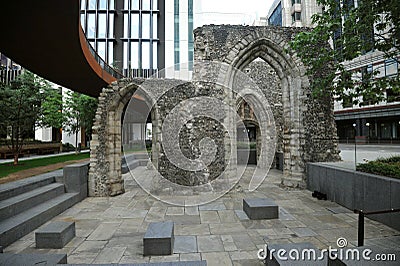 A surviving fragment of the original 3rd century Roman Wall in Cooper`s Row near Tower Hill tube station. Editorial Stock Photo