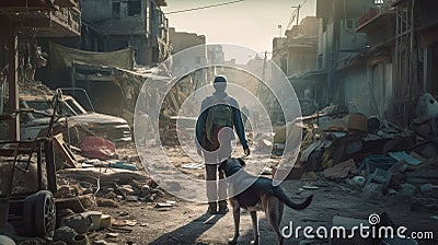 Scavenging Survival: Last Man on Earth with Robot Dog in Unreal Engine Cinematic Stock Photo