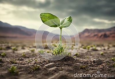 Surviving sprouted lonely sprout in a lifeless dry desert. Nature save theme Stock Photo