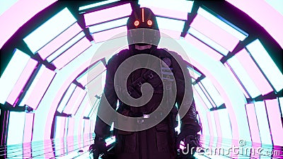 A surviving stalker walks through a glowing neon tunnel. 3D Rendering. Stock Photo