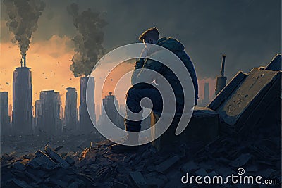 A survivor sits on a ruined building in a post-apocalyptic city. illustration painting Cartoon Illustration