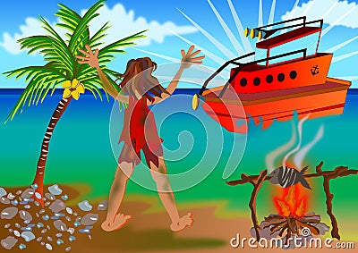 Survivor waiting for rescue Cartoon Illustration