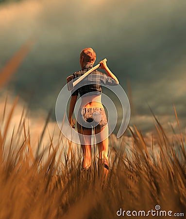 Survivor woman carrying an axe in field Cartoon Illustration
