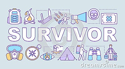 Survivor word concepts banner. Travelling in extreme conditions. Adventurous trekking. Presentation, website. Isolated Vector Illustration