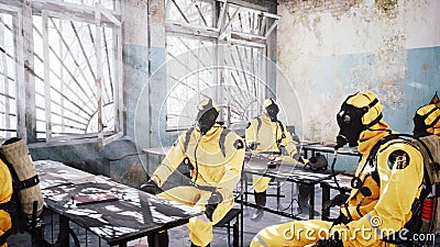 Survivors in special suits after a nuclear war or a deadly viral pandemic meet in a destroyed building. Post-apocalyptic Stock Photo