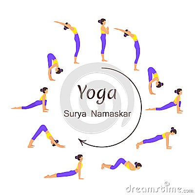 Surya namaskar A sun salutation yoga asanas sequence set vector illustration. Vector Illustration