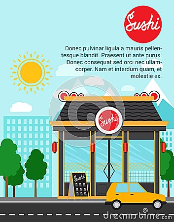 Sushi advertising banner with shop building Vector Illustration