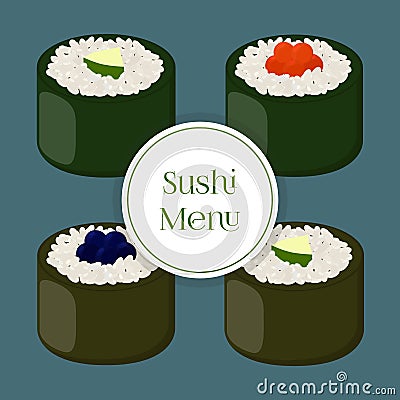 Sushi - asian food with fish, rice, seaweed, caviar. Vector illustration Vector Illustration