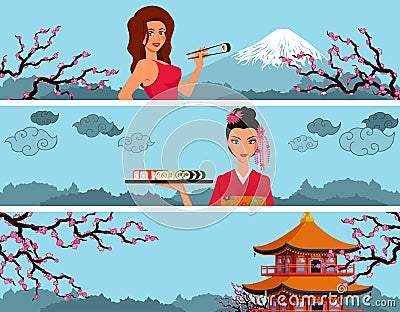 Sushi banner with womans. Vector Illustration