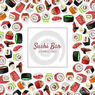 Sushi Bar Banner Template, Japanese Seafood Business Card with Asian Food Seamless Pattern Vector Illustration Vector Illustration
