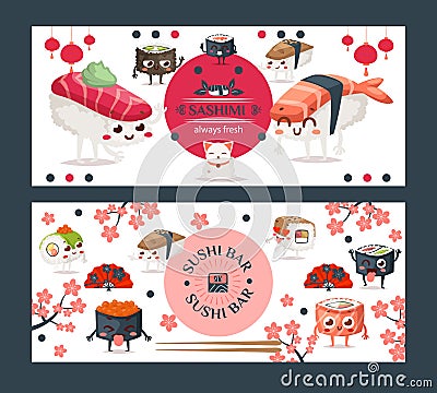 Sushi bar banner, vector illustration. Family friendly restaurant of Asian cuisine, sushi delivery advertisement booklet Vector Illustration