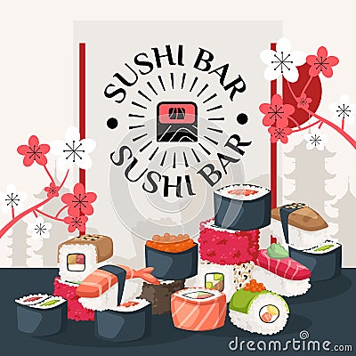 Sushi bar poster, vector illustration. Asian restaurant menu cover, sushi delivery advertisement booklet, Japanese food Vector Illustration