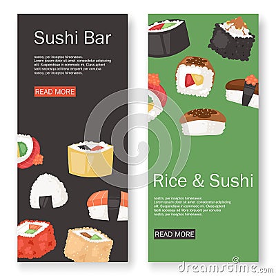 Sushi bar set of banners vector illustration. Japanese cuisine in cartoon style. Asian food wirh rice website Vector Illustration