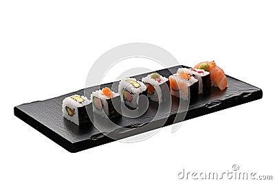 Sushi on black stone plate Stock Photo